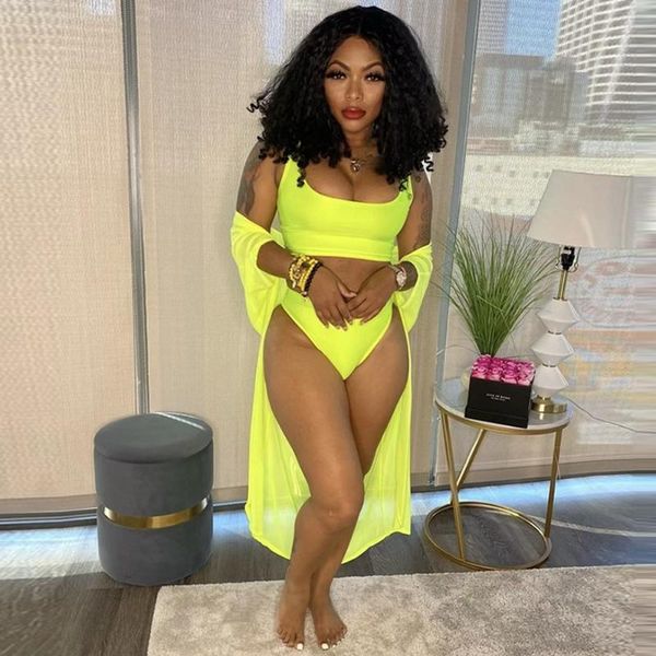 women's swimwear neon yellow 3 piece bikini set summer outfits for women cleavage bandage tank underpant+long sleeve cover up swims, White;black
women's swimwear neon yellow 3 piece bikini set summer outfits for women cleavage bandage tank underpant+long sleeve cover up swims, White;black