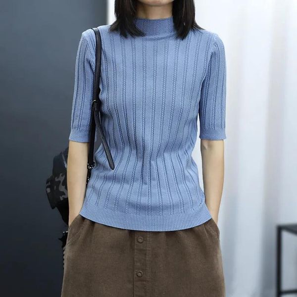 basic solid stripe short sleeve half turtleneck knitted casual summer elastic knitwear t-shirt women korean style tee, White
basic solid stripe short sleeve half turtleneck knitted casual summer elastic knitwear t-shirt women korean style tee, White