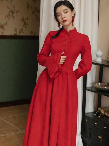ethnic clothing early autumn long dress retro stand collar corduroy small red skirt with thin waist and large swing 6557
ethnic clothing early autumn long dress retro stand collar corduroy small red skirt with thin waist and large swing 6557