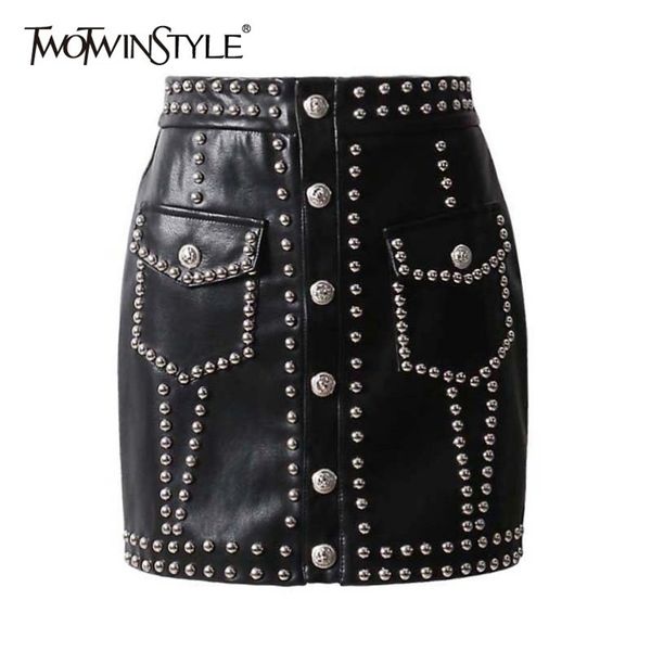 twotwinstyle heavy rivets pu leather skirts high waist single breasted mini skirt for women punk style spring fashion 210708, Black
twotwinstyle heavy rivets pu leather skirts high waist single breasted mini skirt for women punk style spring fashion 210708, Black