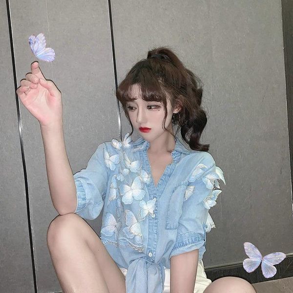 women's blouses & shirts irregular three-dimensional butterfly denim shirt summer mesh stitching short lapel temperament fashion top, White
women's blouses & shirts irregular three-dimensional butterfly denim shirt summer mesh stitching short lapel temperament fashion top, White