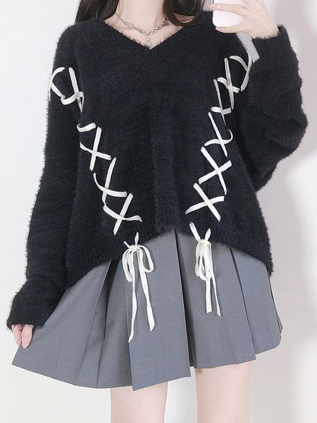 women's sweaters japanese soft waxy lolita mink fleece knitted sweater v-neck pullover loose bandage keep warm sweet girl chic, White;black
women's sweaters japanese soft waxy lolita mink fleece knitted sweater v-neck pullover loose bandage keep warm sweet girl chic, White;black