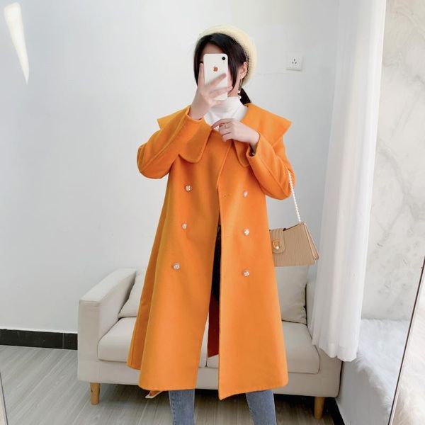 women's wool & blends autumn and winter 2021 doll collar double faced coat mid length belt knee, Black
women's wool & blends autumn and winter 2021 doll collar double faced coat mid length belt knee, Black