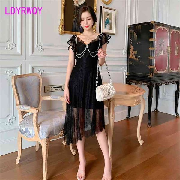 heavy industry diamond-studded chain lace irregular black dress french style 210603, Black;gray
heavy industry diamond-studded chain lace irregular black dress french style 210603, Black;gray