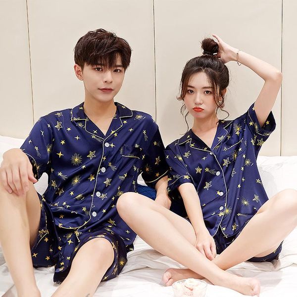 star print blue 2pcs couple pajama sets short sleeve shirt&shorts sleepwear spring summer satin home wear loose -3xl nightwear men's, Black;brown
star print blue 2pcs couple pajama sets short sleeve shirt&shorts sleepwear spring summer satin home wear loose -3xl nightwear men's, Black;brown