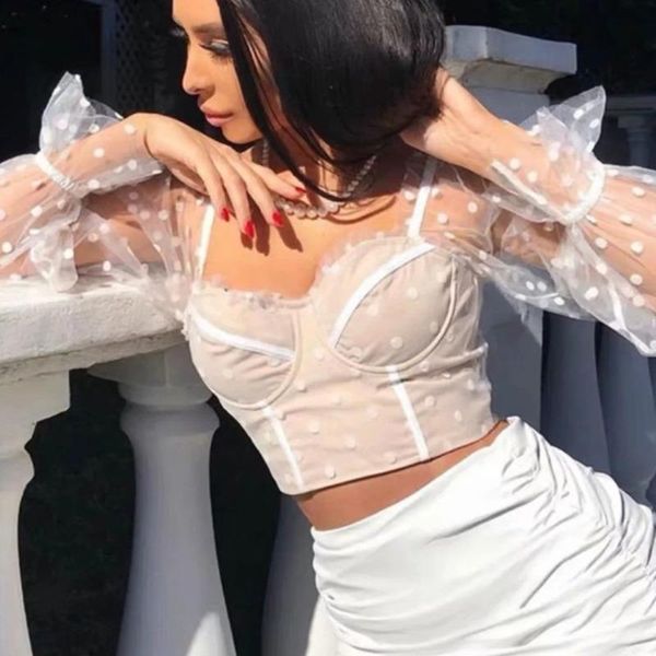 women's t-shirt net yarn perspective y2k stitching trumpet sleeves exposed navel women 2021 summer polka-dot, White
women's t-shirt net yarn perspective y2k stitching trumpet sleeves exposed navel women 2021 summer polka-dot, White