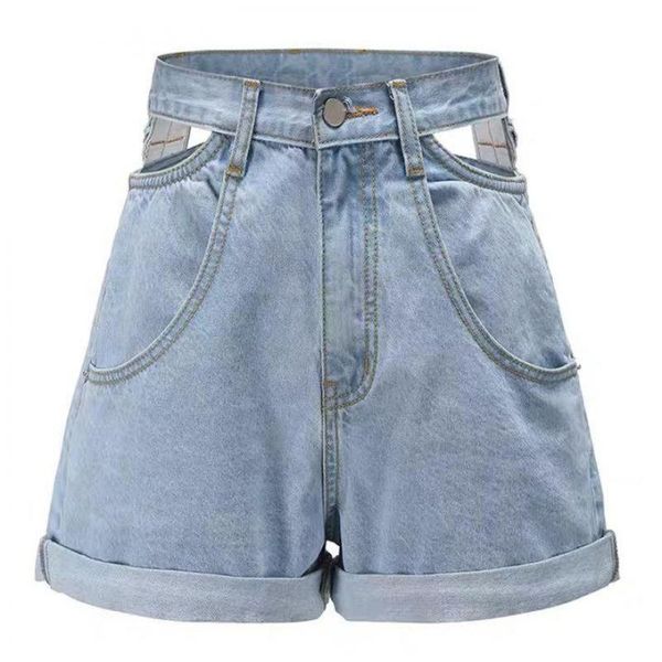 women's shorts korean women hollow out high waist denim cut off sides wide leg rolled hem light blue lady bottoms streetwear with, White;black
women's shorts korean women hollow out high waist denim cut off sides wide leg rolled hem light blue lady bottoms streetwear with, White;black