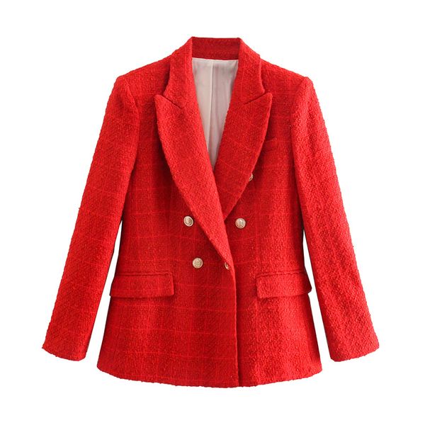 women plaid twill elegant blazer jacket long sleeve office casual short coat notched collar ladies red outerwear 210430, White;black
women plaid twill elegant blazer jacket long sleeve office casual short coat notched collar ladies red outerwear 210430, White;black