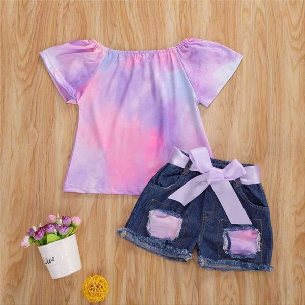 two piece children tie dye outfit girls short sleeve t shirt denim shorts set, White
two piece children tie dye outfit girls short sleeve t shirt denim shorts set, White