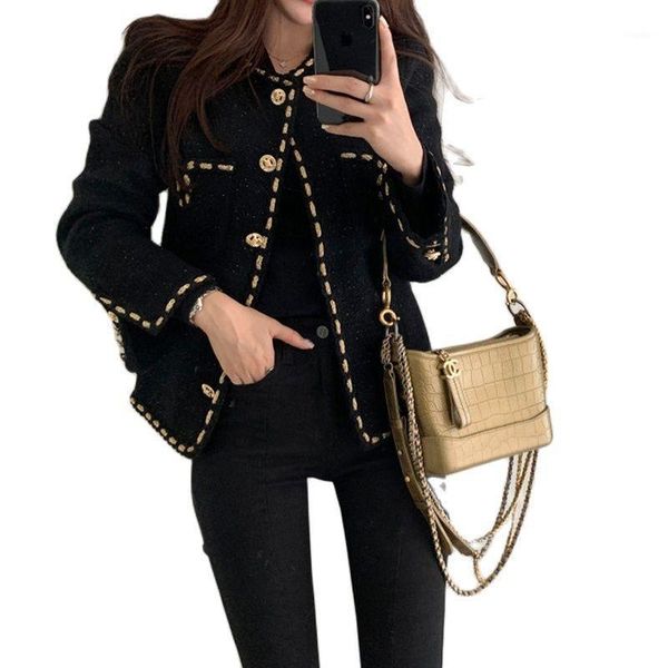 women's suits & blazers 2021 fashion black tweed gold silk retro suit jacket female spring autumn women casual cropped f843, White;black
women's suits & blazers 2021 fashion black tweed gold silk retro suit jacket female spring autumn women casual cropped f843, White;black
