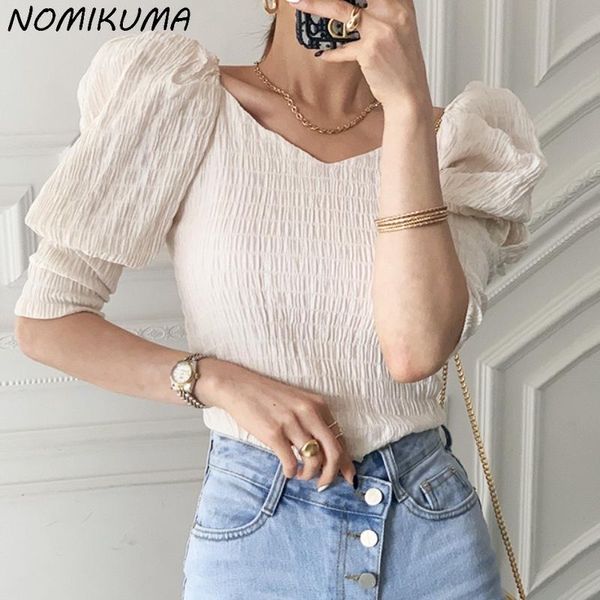 women's blouses & shirts nomikuma korean folds v-neck women blouse chic slim short blusas shirt summer 2021 fashion elegant ladies 6k2, White
women's blouses & shirts nomikuma korean folds v-neck women blouse chic slim short blusas shirt summer 2021 fashion elegant ladies 6k2, White