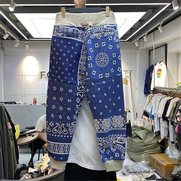 cashew kapital full print sweatpants contrast patchwork trousers men women streetwear wash do old fleece pencil pan men's pants, Black