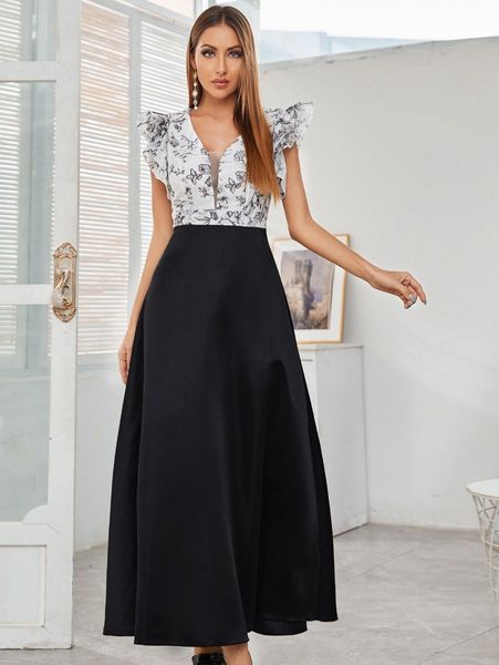 floral print contrast mesh ruffle trim dress 36sb#, Black;gray 
floral print contrast mesh ruffle trim dress 36sb#, Black;gray