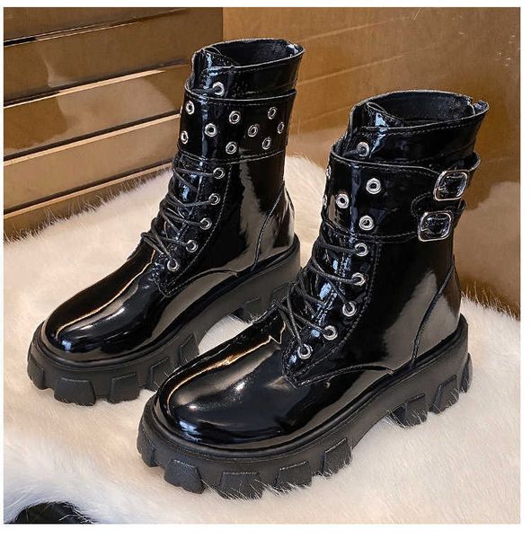 fashion martin boots women shoes patent leather round toe back zipper platform boots woman buckle belt motorcycle short boots y1018, Black
fashion martin boots women shoes patent leather round toe back zipper platform boots woman buckle belt motorcycle short boots y1018, Black