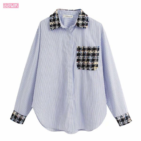 little fragrance style wild long sleeves lapel single breasted women's shirt vintage tweed stitching stripes cjic female shirt 210507, White
little fragrance style wild long sleeves lapel single breasted women's shirt vintage tweed stitching stripes cjic female shirt 210507, White