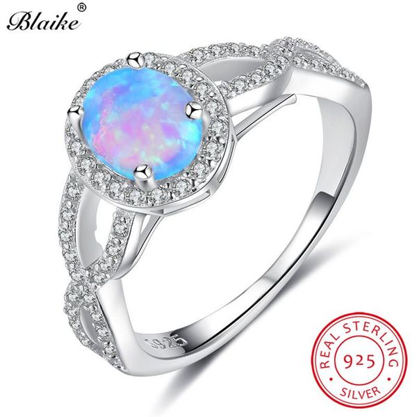 cluster rings blaike retro oval blue fire opal crossed ring 100% real 925 sterling silver white crystal october birthstone for women, Golden;silver