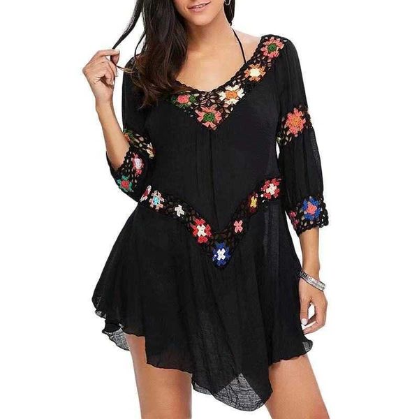 women's swimwear floral hollow crochet flounce beach dress tunic cover-up bikini cover up women robe de plage summer sarongs, White;black
women's swimwear floral hollow crochet flounce beach dress tunic cover-up bikini cover up women robe de plage summer sarongs, White;black