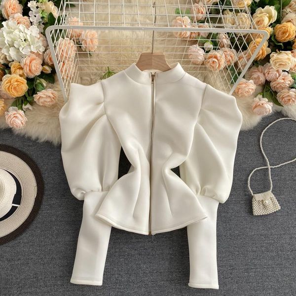 women's t-shirt spring autumn temperament stand-up collar shirt and winter slim long-sleeve puff sleeve fashion, White
women's t-shirt spring autumn temperament stand-up collar shirt and winter slim long-sleeve puff sleeve fashion, White