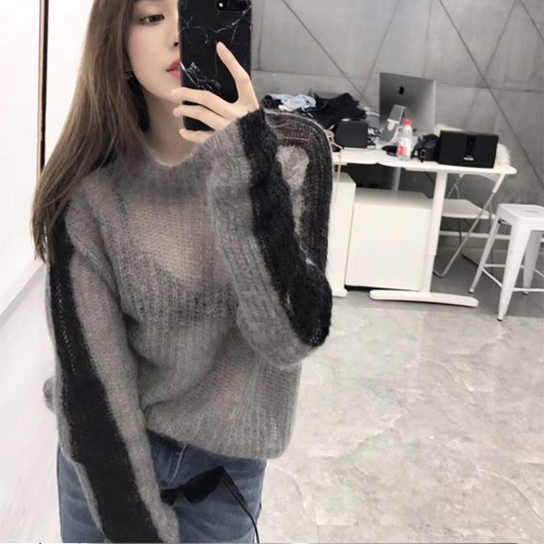 autumn thin sweater women high neck patchwork grey knitted pullover transparent pull femme fashion 210427, White;black
autumn thin sweater women high neck patchwork grey knitted pullover transparent pull femme fashion 210427, White;black