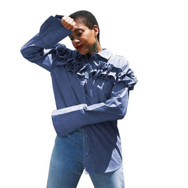 women's blouses & shirts spring fashion turn-down collar ruffles long sleeve jean skirts women casual solid blue blouse bodycon, White
women's blouses & shirts spring fashion turn-down collar ruffles long sleeve jean skirts women casual solid blue blouse bodycon, White