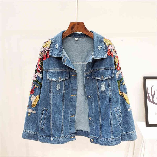 jacket women frayed loose sequins flowers long sleeve denim jacket female single breasted jeans coat outerwear streetwear, Black;brown 
jacket women frayed loose sequins flowers long sleeve denim jacket female single breasted jeans coat outerwear streetwear, Black;brown