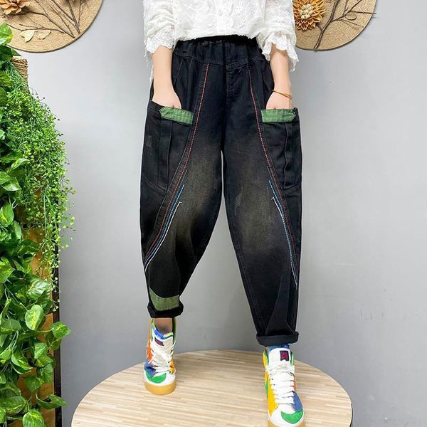 women's jeans 2021 spring autumn arts style women elastic waist loose vintage bright line decoration cotton denim harem pants v477, Blue
women's jeans 2021 spring autumn arts style women elastic waist loose vintage bright line decoration cotton denim harem pants v477, Blue