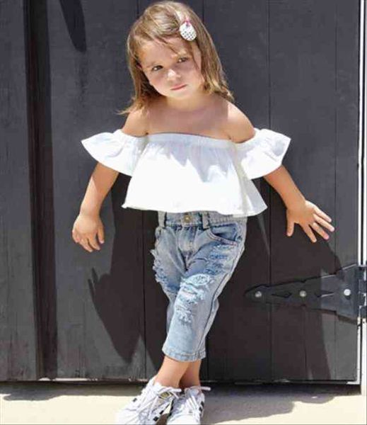 fashion children girls clothes off shoulder crop white hole denim pant jean headband 2pcs toddler kids clothing
fashion children girls clothes off shoulder crop white hole denim pant jean headband 2pcs toddler kids clothing