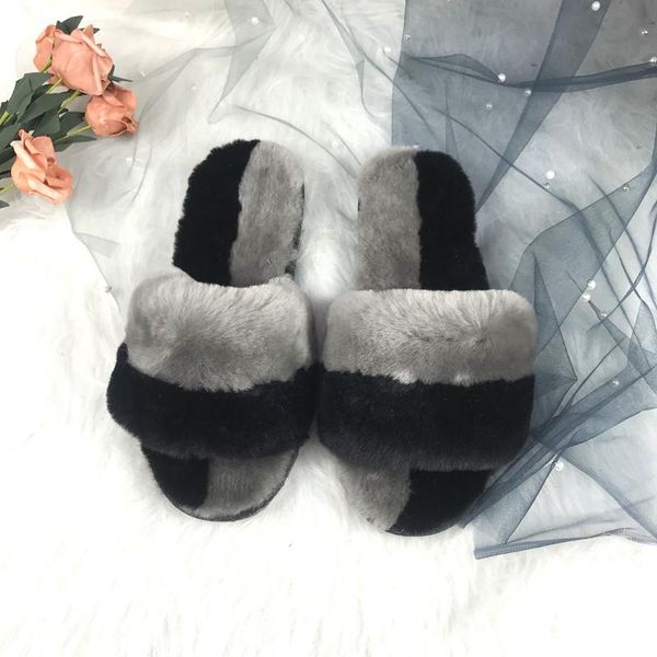 real natural sheepskin home slipper winter women indoor slippers fur wool flip flops lady shoes, Black