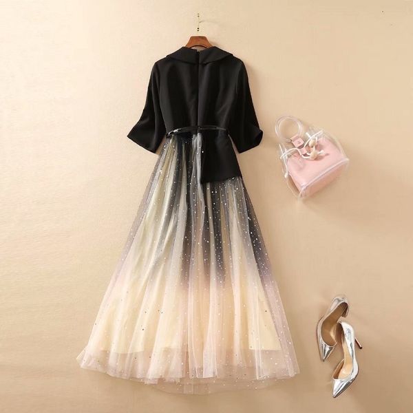 capris 2021 spring business women's notched collar tulle mesh patchwork half sleeve mid-calf ball gown, Black;gray
capris 2021 spring business women's notched collar tulle mesh patchwork half sleeve mid-calf ball gown, Black;gray