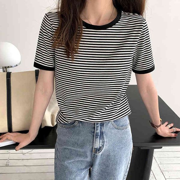 lucyever summer striped knitted women's t shirt fashion solid chic short sleeve t-shirt korean casual o neck tees 210521, White;black
lucyever summer striped knitted women's t shirt fashion solid chic short sleeve t-shirt korean casual o neck tees 210521, White;black