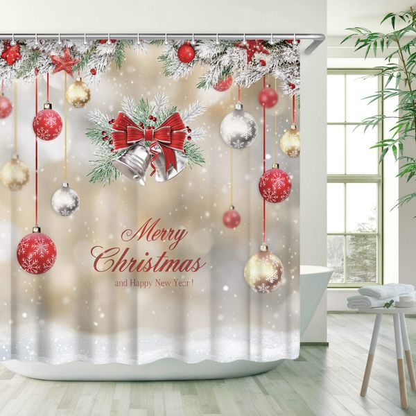 xmas shower curtain, merry christmas shower curtains set with 12 hooks, waterproof snow shower curtain, colorful christmas balls