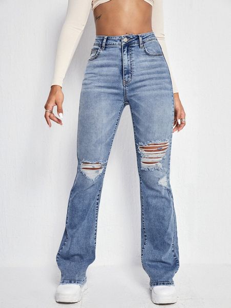 slant pocket ripped flare leg jeans s93u#, Blue
