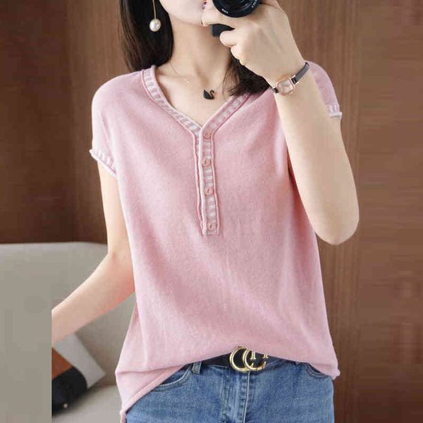 women's t-shirt casual button v-neck short sleeve elastic knitted women korean patchwork knitwear large size summer tee femal, White
women's t-shirt casual button v-neck short sleeve elastic knitted women korean patchwork knitwear large size summer tee femal, White