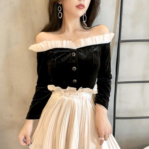 women's blouses & shirts design fashion women autumn shoulder slash neck ruffles patchwork single breasted velvet blouse shir, White
women's blouses & shirts design fashion women autumn shoulder slash neck ruffles patchwork single breasted velvet blouse shir, White