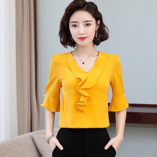 women spring summer style chiffon blouses shirts lady casual short flare sleeve o-neck slim blusas zz0417 women's &, White
women spring summer style chiffon blouses shirts lady casual short flare sleeve o-neck slim blusas zz0417 women's &, White