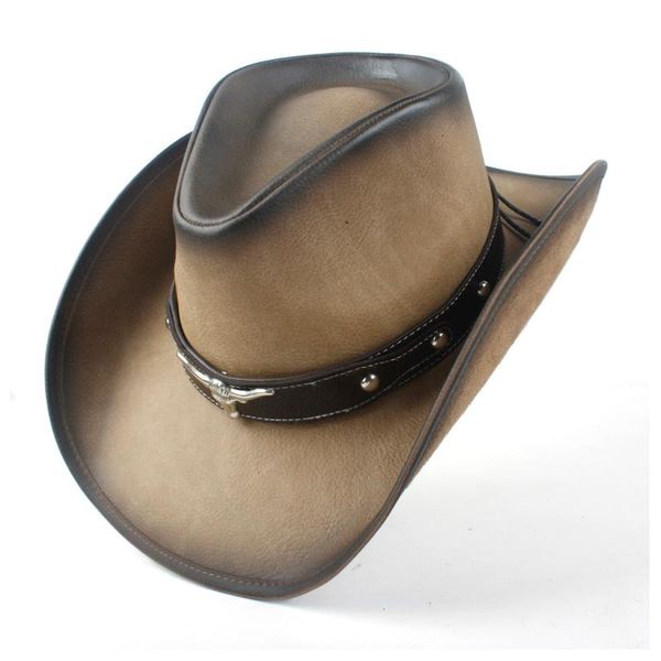 cloches 2021 leather cowboy cowgirl hat bull head band decor men women large brim jazz cap, Blue;gray
cloches 2021 leather cowboy cowgirl hat bull head band decor men women large brim jazz cap, Blue;gray