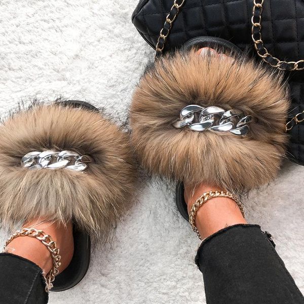 real fur slippers fluffy flip flops silver chain raccoon slides summer sandals house plush women fashion shoes, Black
real fur slippers fluffy flip flops silver chain raccoon slides summer sandals house plush women fashion shoes, Black