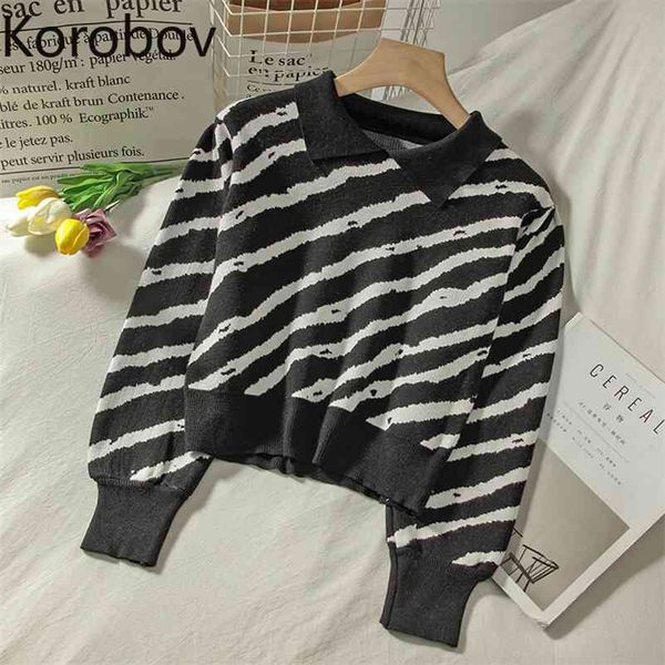 korobov new preppy style streetwear striped knit pullovers korean turn-down collar long sleeve crop sweaters vintage jumper 210430, White;black
korobov new preppy style streetwear striped knit pullovers korean turn-down collar long sleeve crop sweaters vintage jumper 210430, White;black