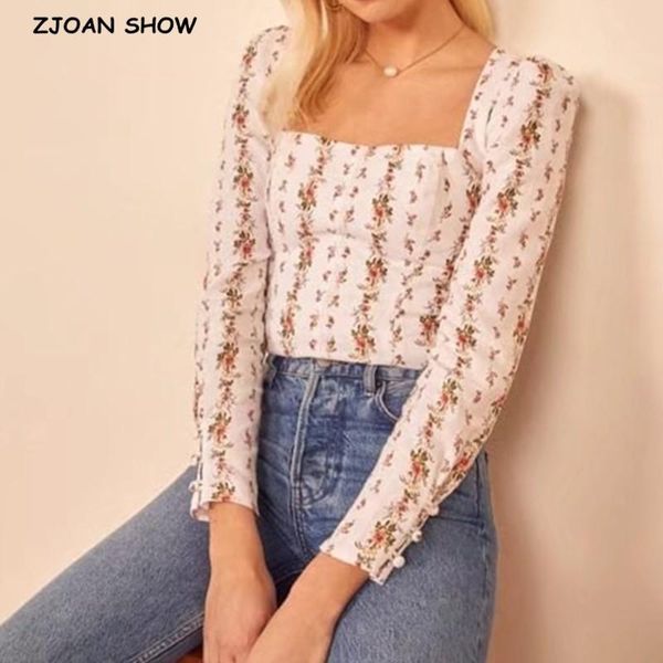 women's blouses & shirts 2021 retro striped floral print french long sleeve shirt women square collar back elastic ruched short blouse, White
women's blouses & shirts 2021 retro striped floral print french long sleeve shirt women square collar back elastic ruched short blouse, White