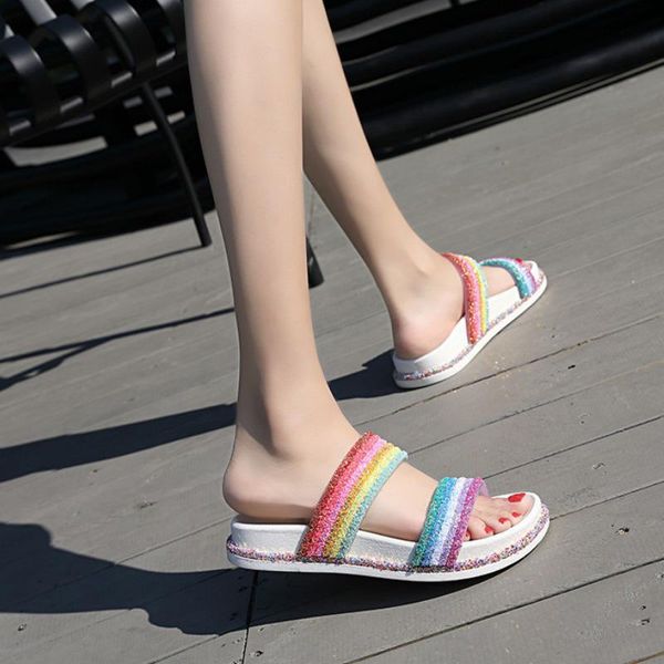 slippers womens open toe rainbow slides sandals glitter slip on cute beach flats a66, Black
slippers womens open toe rainbow slides sandals glitter slip on cute beach flats a66, Black