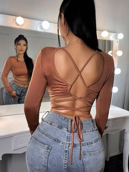 sxy solid criss cross backless tee 22pu#, White