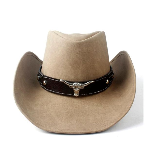 cloches leather cowboy hat bull head band decor men women large brim jazz cap, Blue;gray
cloches leather cowboy hat bull head band decor men women large brim jazz cap, Blue;gray