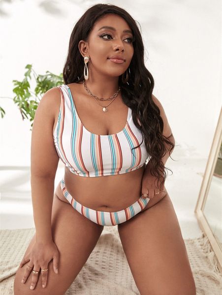 plus striped bikini swimsuit y1dp#, Black 
plus striped bikini swimsuit y1dp#, Black