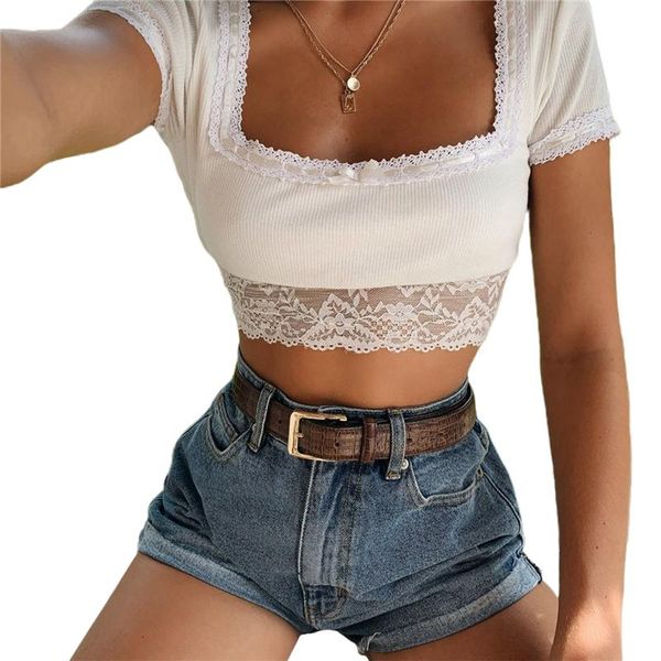 women's t-shirt cute crop square neck short sleeve ribbed knit basic tee shirt with floral lace trim, White
women's t-shirt cute crop square neck short sleeve ribbed knit basic tee shirt with floral lace trim, White