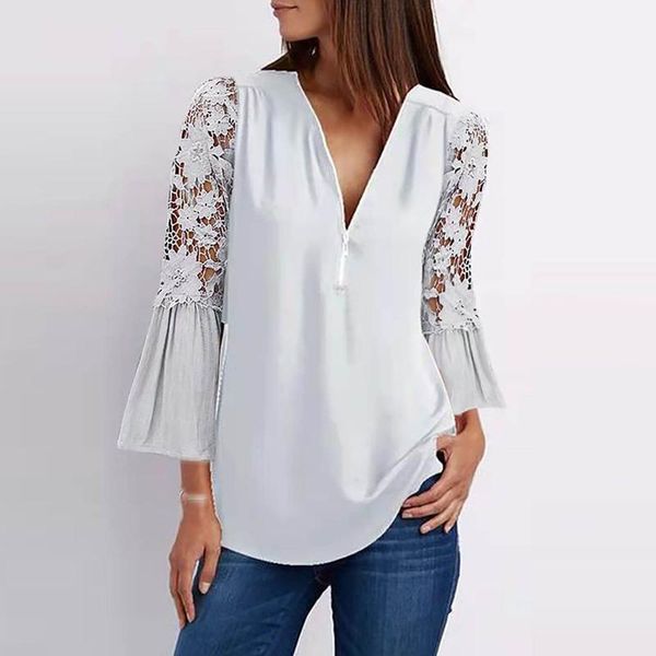 women's t-shirt casual shirts hollow out lace shoulder flare sleeve zipper v-neck streetwear roupas femininas, White
women's t-shirt casual shirts hollow out lace shoulder flare sleeve zipper v-neck streetwear roupas femininas, White