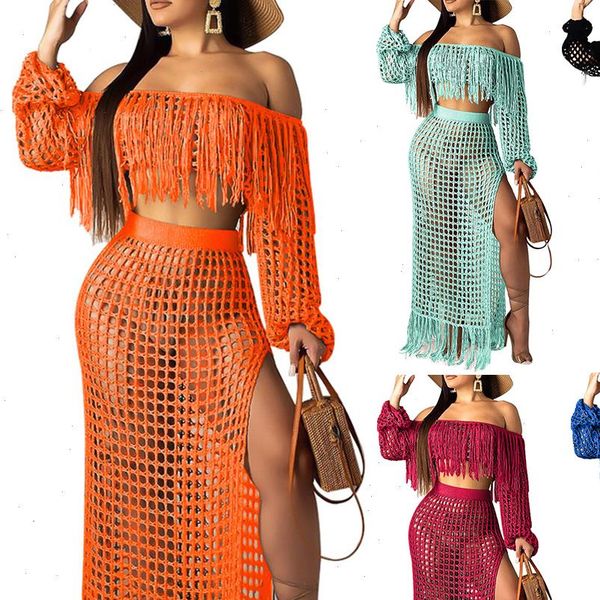 2 piece set summer women tracksuits crochet dress beach wear crop ladies long sleeve tassels slash neck knit, Gray
2 piece set summer women tracksuits crochet dress beach wear crop ladies long sleeve tassels slash neck knit, Gray