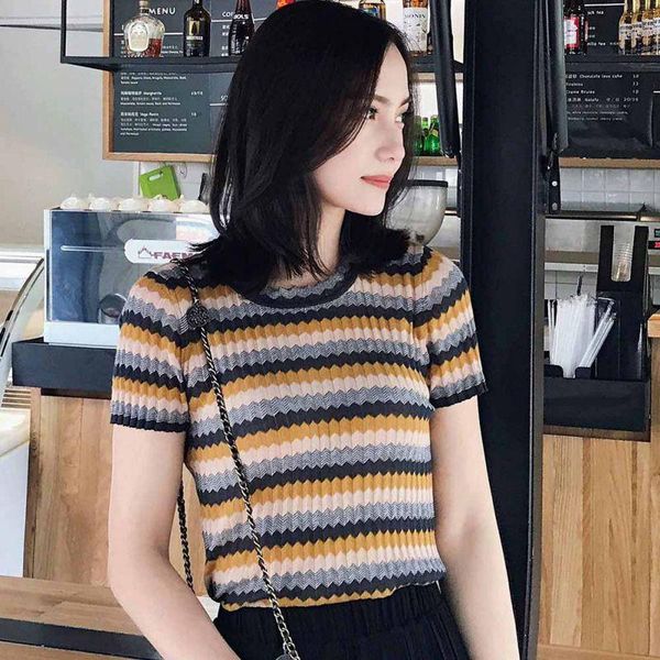 women's t-shirt summer woman slim striped retro female ice silk o-neck short-sleeved tshirt women korean fashion casual, White
women's t-shirt summer woman slim striped retro female ice silk o-neck short-sleeved tshirt women korean fashion casual, White