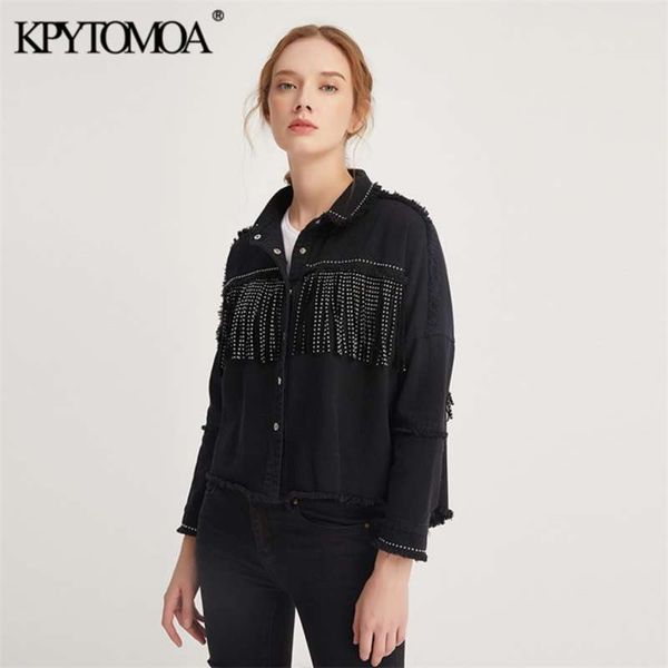 kpytomoa women fashion tassel beaded oversized denim jacket coat vintage long sleeve frayed hem female outerwear chic 210928, Black;brown
kpytomoa women fashion tassel beaded oversized denim jacket coat vintage long sleeve frayed hem female outerwear chic 210928, Black;brown