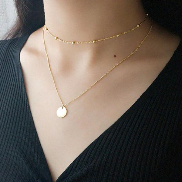 chains stainless steel pendant necklace fashion female double round bead disc simple ladies party jewelry gift, Silver 
chains stainless steel pendant necklace fashion female double round bead disc simple ladies party jewelry gift, Silver