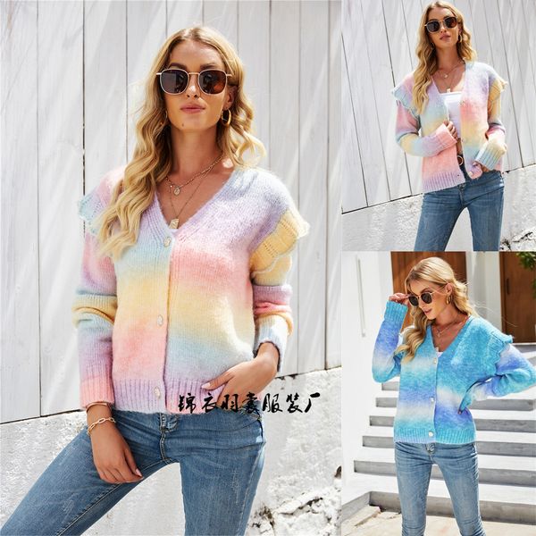 2021 winter new women's rainbow tie dyed cardigan knitted large size fungus edge sweater coat fashion, White
2021 winter new women's rainbow tie dyed cardigan knitted large size fungus edge sweater coat fashion, White